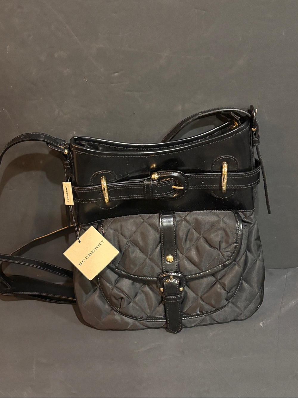 Burberry Bolton Leather Trim Quilted Nylon Crossbody Bag Black Made in Italy NWT